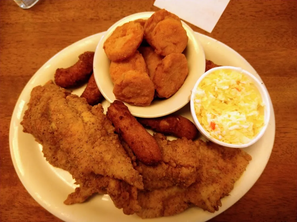 Catfish Slaw Hush Puppies and Fried Squash