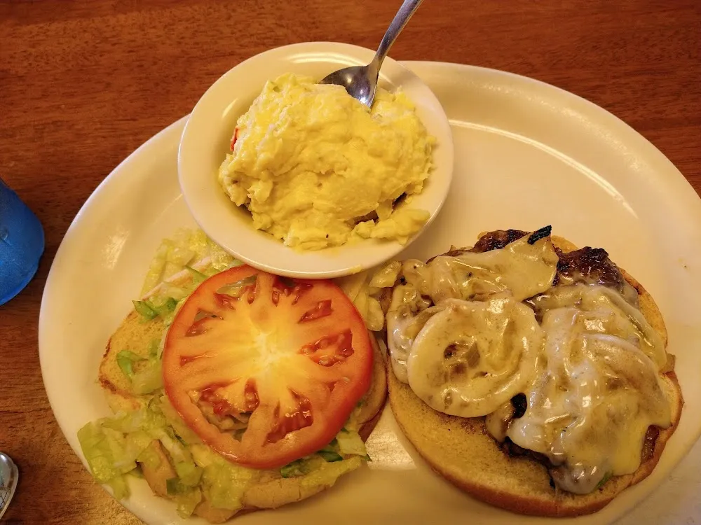 Mushroom Swiss Burger and Potato Salad